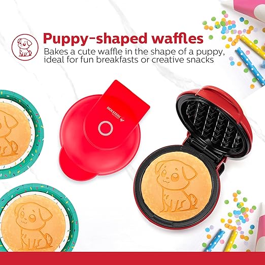 Holstein Housewares Puppy Personal Waffle Maker – Dog-Shaped, 4-Inch Non-Stick Red Mini Waffle Iron for Fun Breakfasts, Kids & Pet Lovers