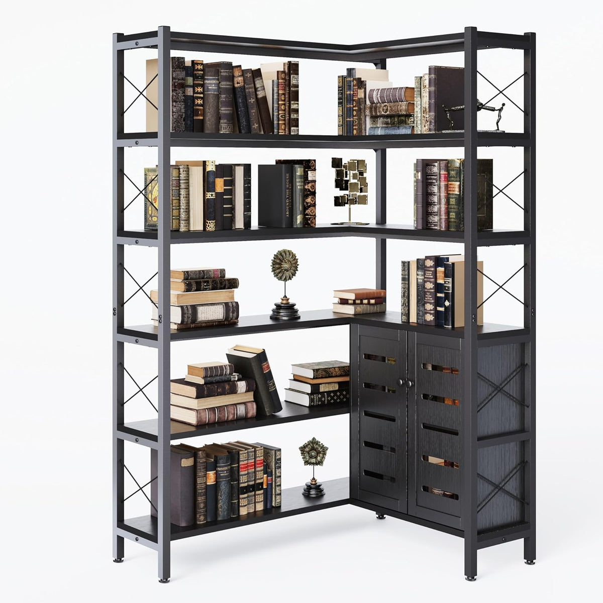 Corner Bookshelves and Bookcases Industrial Corner Etagere Bookcase L Shaped Shelf 6 Tiers with Metal Frame for Living Room Home Office