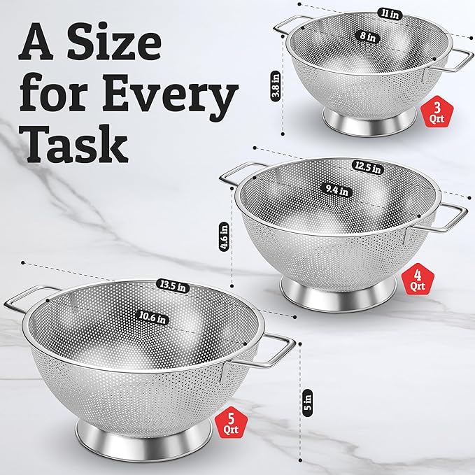 PriorityChef Premium Stainless Steel Colander for Kitchen, Durable Rice and Pasta Strainer with Handle, Rust-Resistant & Dishwasher Safe, 3/4/5 Qt (Pack of 2)