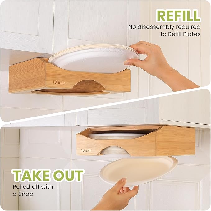 10-inch Paper Plate Dispenser Under Cabinet, Bamboo Paper Plate Holders, Kitchen Counter Vertical Plate Dispensers Holders Countertop Caddy(For 10-inch Plates, Bamboo)