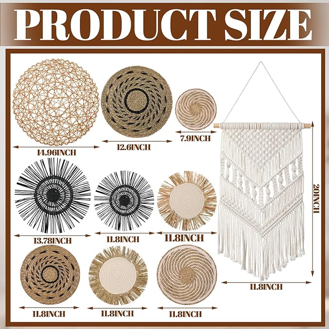 Tatuo 11 Pcs Boho Wall Basket Decor Bulrush Woven Wall Hanging Art Round Farmhouse Rustic Handmade Wicker for Summer Home, Bedroom, Living Room, Kitchen Decorations, Multi Sizes(Flower)