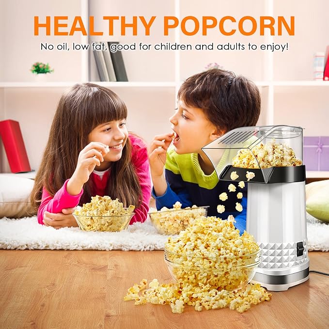 Hot Air Popcorn Machine 1200W, 4.5-Quart Popcorn Maker, No-Oil Air Popper, 2-Min Family Movie-Night Popcorn Popper, Easy Clean, Fat-Free Snack