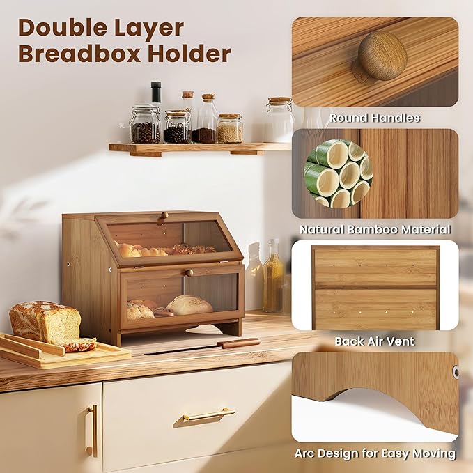 MAISONPEX Double Layer Bamboo Bread Box for Kitchen Countertop, Large Capacity, Cutting Board, Stainless Steel Bread Knife, Double Layer Storage Container with Clear Windows, Walnut