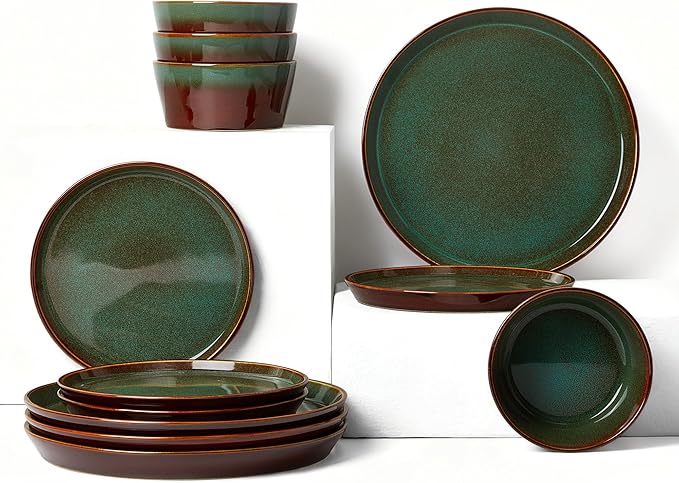 Pokini Plates and Bowls Sets for 4, Ceramic Dinnerware Sets, Kitchen Dish Set, Microwave & Dishwasher Safe Dishware, Highly Durable Hand Glazed Dinner Set, Brown Green