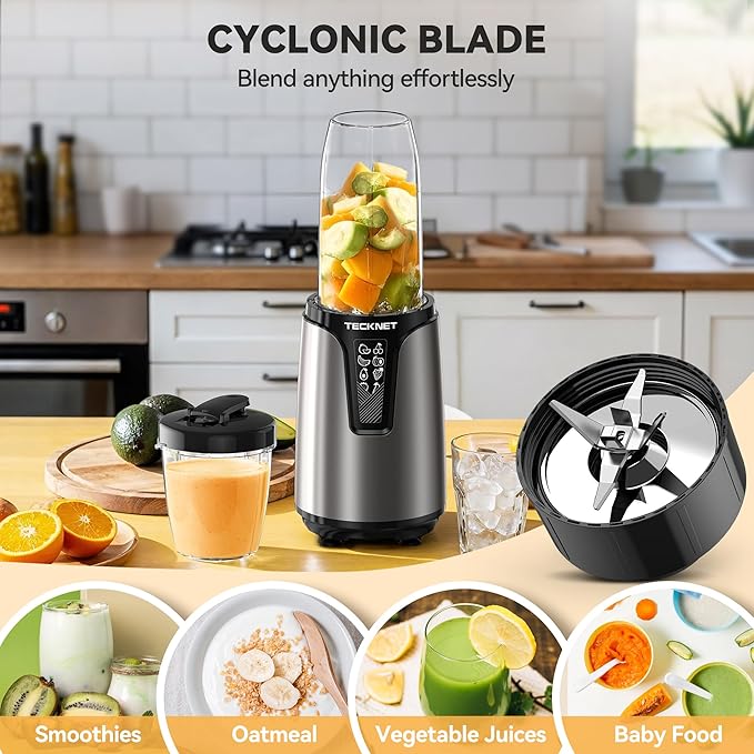 TECKNET 25000RPM Bullet Blender for Smoothies, 1000W Small Personal Nutri Blender for Protein Shakes and Smoothies, Coffee Mixer with 2 BPA-Free Cup (17oz & 10oz), Portable Countertop Grinder Kitchen
