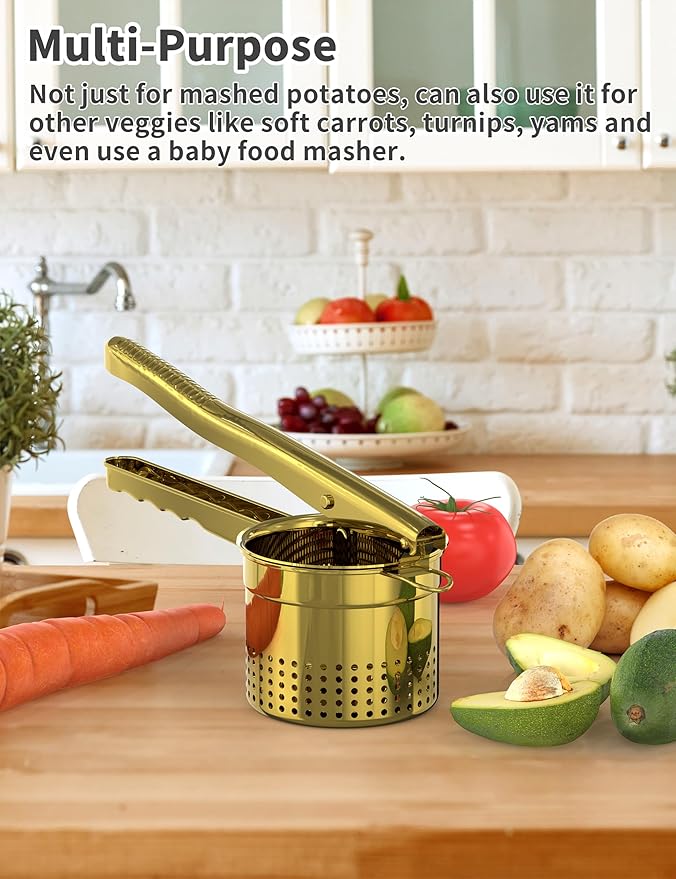 Livilord Large 15oz Potato Ricer, Heavy Duty Stainless Steel Ricer for Mashed Potatoes, Sweet Potato Masher Kitchen Tool with Ergonomic Handle, Press and Mash Kitchen Gadget, Gold