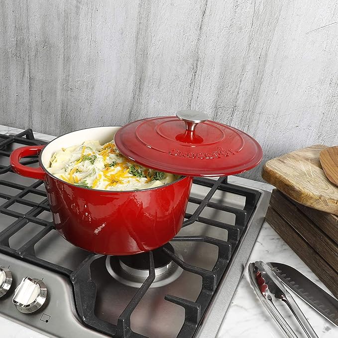Crock Pot Artisan 5-Quart Round Enameled Cast Iron Dutch Oven – Red, Durable Heavy-Duty Cookware for Slow Cooking, Roasting, Baking with Lid