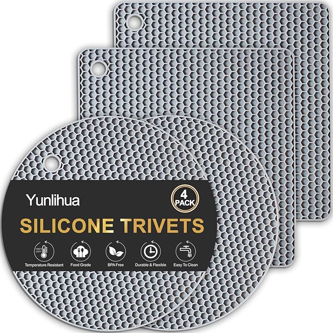 Silicone Trivet Mats, 4 Pack Hot Pads Pot Holders for Kitchen, Heat Resistant Non-Slip Trivets for Hot Dishes, Hot Pots and Pans, Countertop, Table, Food Grade Silicone & BPA Free, Gray