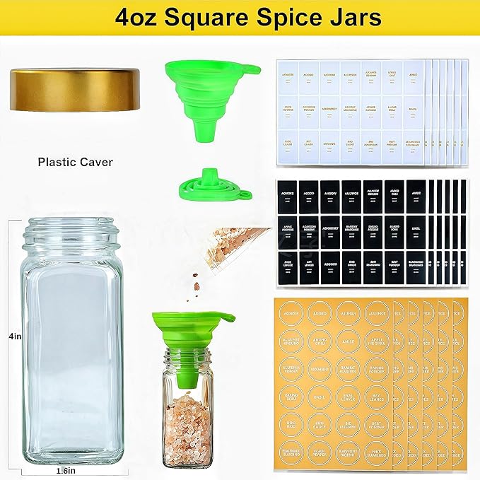Glass Spice Jars with Label, 48 Pcs Spice Jars with Shaker Lids-4 oz Gold Spice Seasoning Jars Bottles Containers Set for Spice Rack (48)