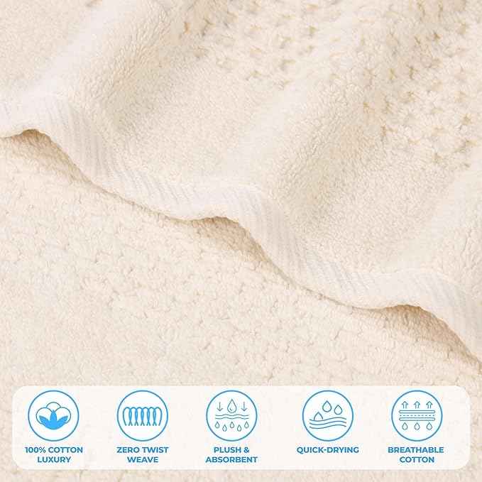 Superior Playa Zero Twist Cotton Medium Weight Towels, for Guest Bath, Bathroom, Shower, Spa, Plush, Quick Dry, Ultra-Soft Towels, Bath Essentials, Waffle Textured, 12 Piece Assorted Towel Set, Ivory
