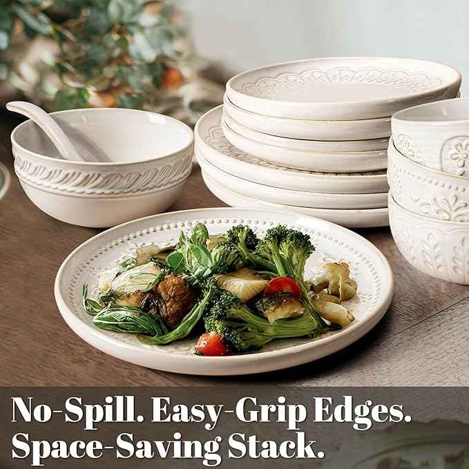Artena Plates And Bowls Sets, 16 Pieces Dinnerware Sets, Dish Set For 4, Ceramic Kitchen Bowl And Plate Set, Embossed White Dishware Sets, Dishwasher & Microwave Safe (Damask Floral)