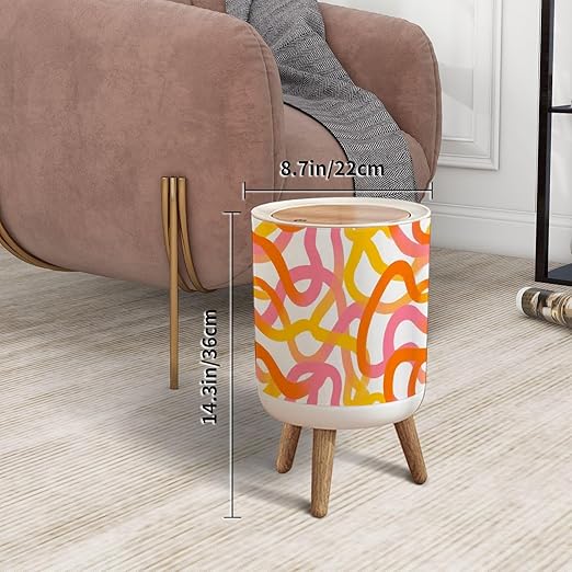 Trash Can with Lid Retro 60s Style Rainbow Seamless Pastel Color Stripes Pink Wave Press Top Round Small Garbage Bin with Wooden Legs Waste Basket for Kitchen Bedroom Nursery 7L/1.8 Gallon