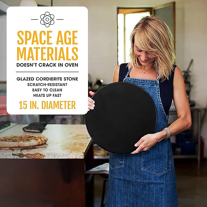 Heritage 15" Ceramic Pizza Stone Set - Non-Stick, Stain-Free with Bonus Cutter - Black