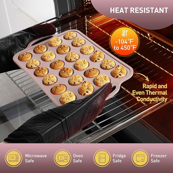 2 Packs 24 Cups Silicone Muffin Pan with Metal Reinforced Frame Mini Size Cupcake Pan Tray Egg Bites Silicone Circle Cookie Molds Muffin Tin Tart Pans Baking Sheet Set for Breakfast Sandwiches