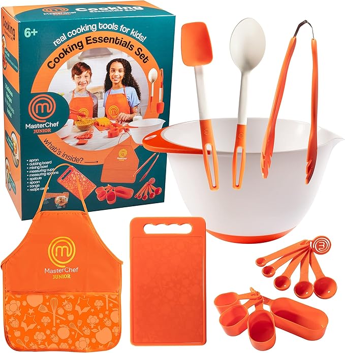 MasterChef Junior Cooking Essentials Set - 9 Pc. Kit Includes Recipes, Apron, Cutting Board, Mixing Bowl, Measure Cups, Spoons, Homemade Holiday Gifts
