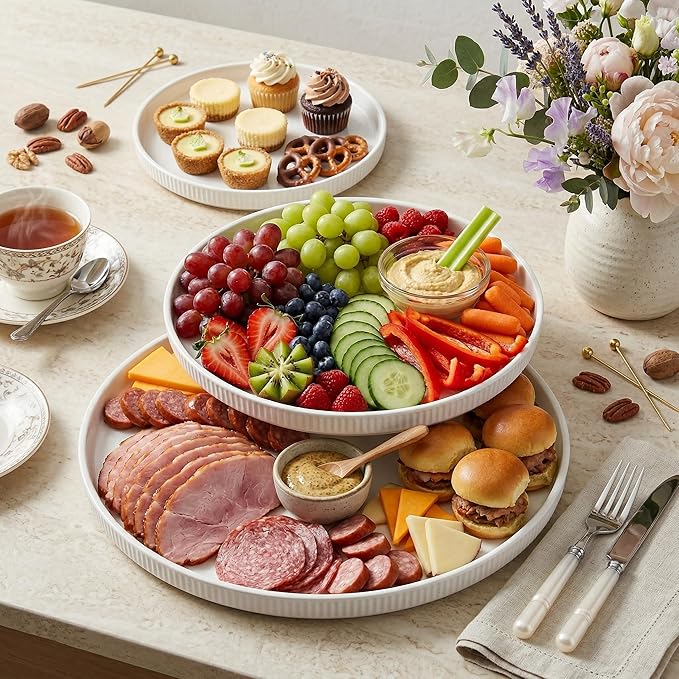 Dizada Round Serving Platters 3-Pack (12.8"/10.8"/8.8") - White Porcelain Serving Trays for Veggie, Fruit, Cheese, Snack, Party Entertaining
