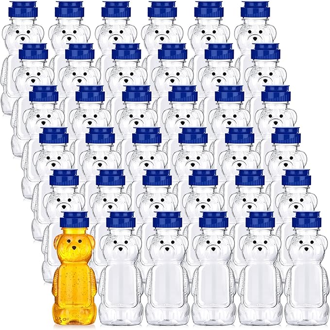 Thenshop 36 Pcs 8 oz Honey Jar Plastic Empty Bear Bottle Dispenser Clear Transparent Honey Containers Bear Cup Squeeze Bottle with Flip Top Lid for Storing Dispensing(Blue Lid)