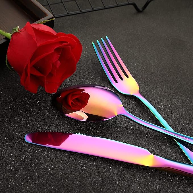 Rainbow Silverware Set Flatware Cutlery - 40 Pieces Stainless Steel Colorful Utensils, Tableware Set Service for 8, Include Knife/Fork/Spoon, Reusable, Mirror Polished, Dishwasher Safe