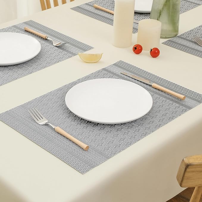 Leetaltree Lunar Grey Placemats Set of 6 - Heat Resistant Non-Slip Place mats for Dining Table, Washable Durable PVC Vinyl Woven Table Mats（Lunar Grey, 6）