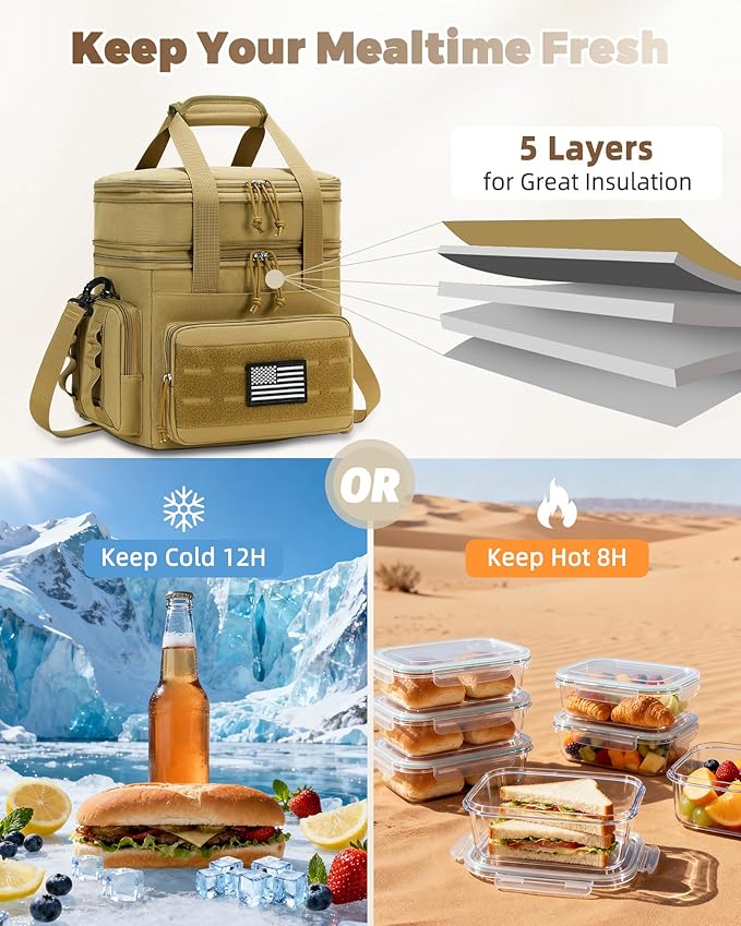 Tactical Lunch Bag & Lunch Box for Men - Large Double Deck Expandable Insulated Soft Adult Lunchbox for Work - Cooler Bag for Beach, Picnic, Camping,Outdoor，Travel (Brown,23L)