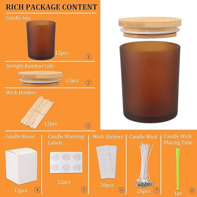 MILIVIXAY 12 Pack 7 OZ Frosted Amber Glass Candle Jars With Lids and Candle Making Kits - Bulk Empty Candle Jars For Making Candles - Spice, Powder Containers.