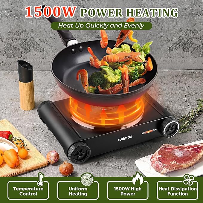 Cusimax Hot Plate,1500W Hot Plate Electric with 7.4″Cast Iron Countertop Single Burner,Electric Stove Top Burner for Cooking,Temperature Controls,Black
