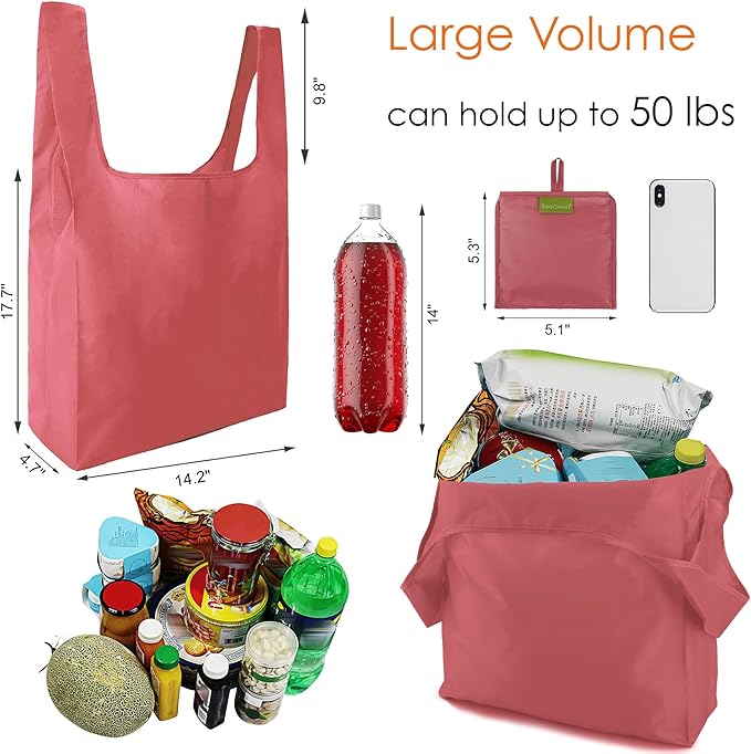 BeeGreen Marrs Reusable Grocery Bags Wholesale Green Reusable Kitchen Bags Bulk Foldable-Machine Washable with Zipper Storage Pouch 50 Packs