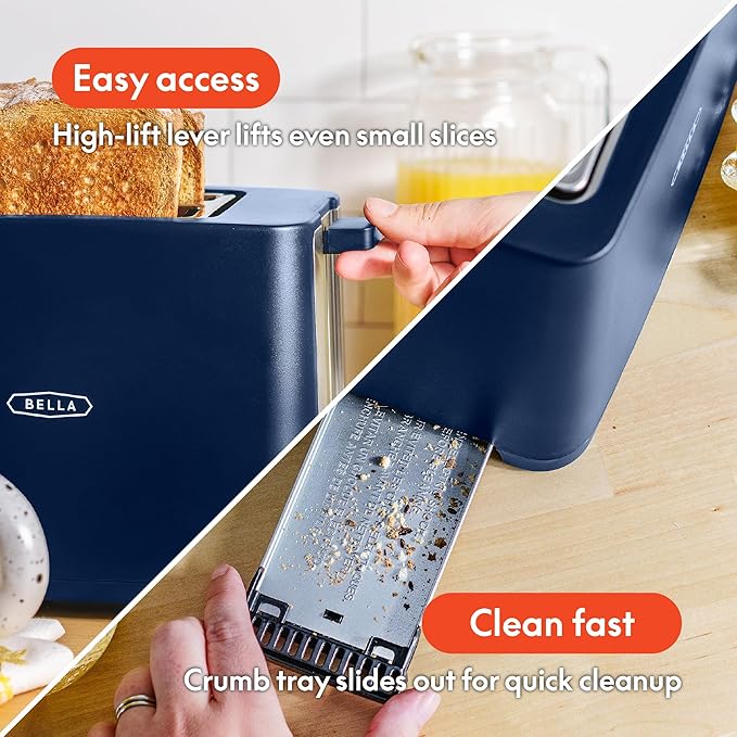 BELLA 2 Slice Toaster with Auto Shut Off - Extra Wide Slots & Removable Crumb Tray and Cancel, Defrost & Reheat Function - Toast Bread, Bagel & Waffle, Blue
