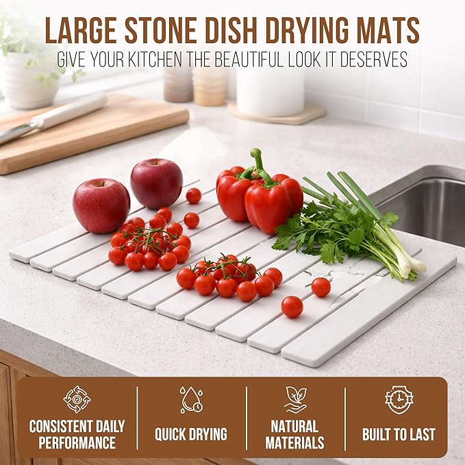 Large Stone Dish Drying Mat, 24" x 16" – Fast-Drying Diatomaceous Earth Kitchen Counter Mat – Quick Absorption – Non-Slip Modular Design