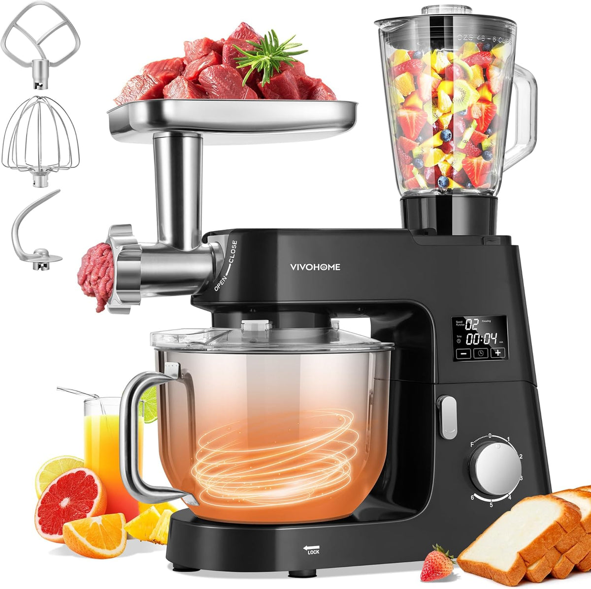 VIVOHOME 9 in 1 Multifunctional Stand Mixer with Fermentation, 6 Speed 7.5 Quart Kitchen Electric Food Mixer with Timer, Meat Grinder, Juice Blender, Vegetable Slicer, Pasta and Cookie Maker, Black