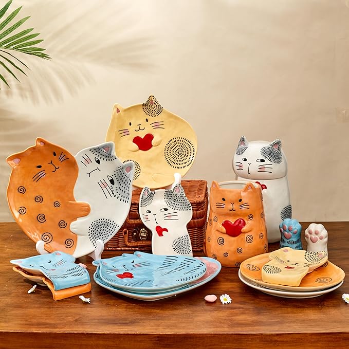 Bico Cartoon Cat Handpainted Stoneware Air Tight White 10.2 inch Cookie Jar, Dishwasher Safe, for storing Cookie, Candy, Coffee