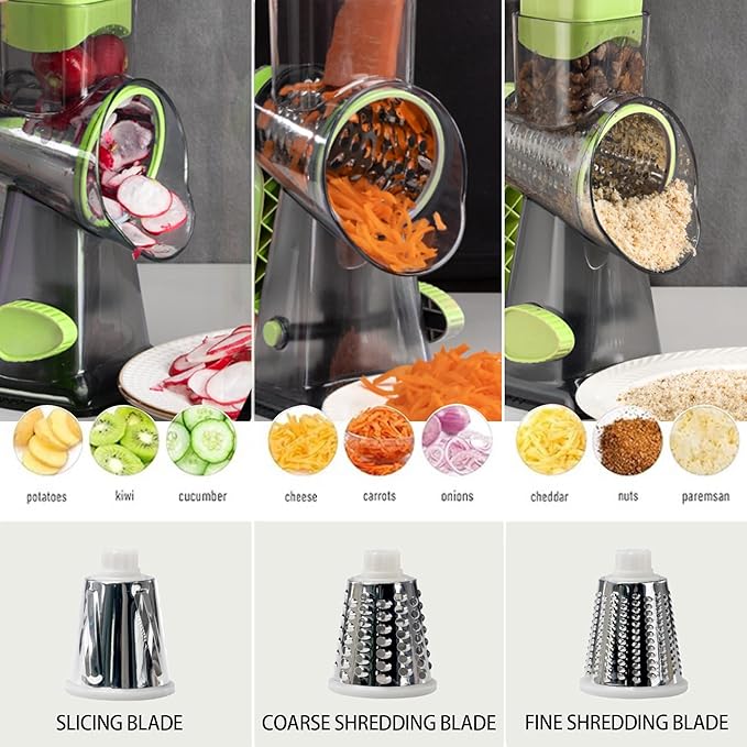 Cheese Grater Hand Crank Rotary Vegetables Shredder with Handle, 3-in-1 Graters with Interchangeable Blades and Strong Suction Base Multifunctional Slicer for Kitchen,green