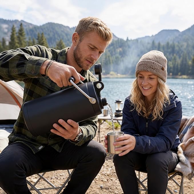 Kerilyn Insulated Half Gallon Jug with Handle, 64oz Stainless Steel, Large Double Vacuum Water Bottle for Hot & Cold Drinks, Wide Mouth, Sweat Proof, Great for Travel, Camping, Black