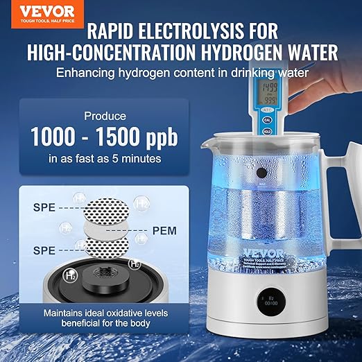 VEVOR Hydrogen Water Pitcher, Rich Hydrogen Water Generator, 1.5 L Large Capacity Hydrogen Water Bottle Generator SPE and PEM Technology, Hydrogen Rich Water Ionizer Machine for Brewing Coffee or Tea