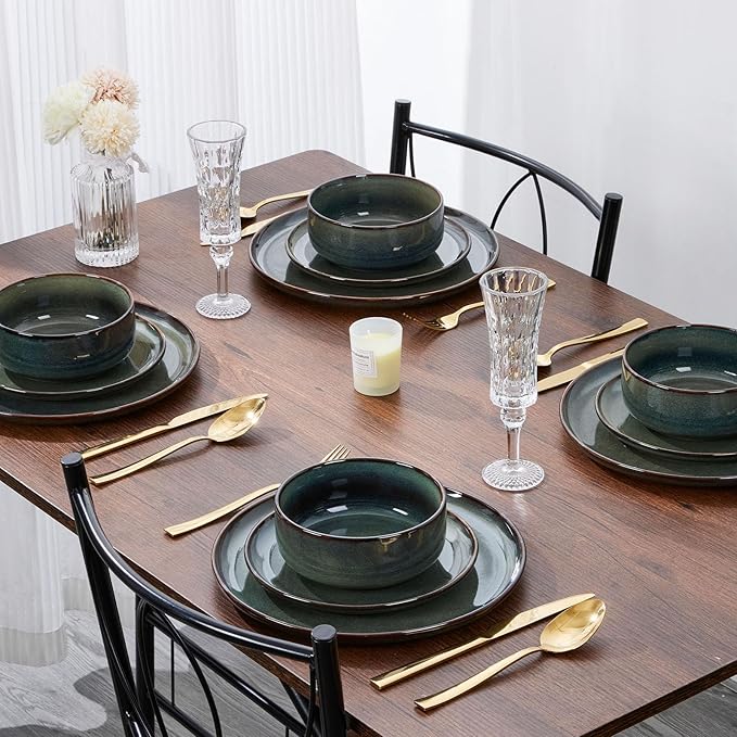 E-far Dinnerware Sets for 8, 24-Piece Stoneware Plates and Bowls Set, Ceramic Dishes Reactive Glaze Dinning Ware, Microwave & Dishwasher Safe - Obsidian Green