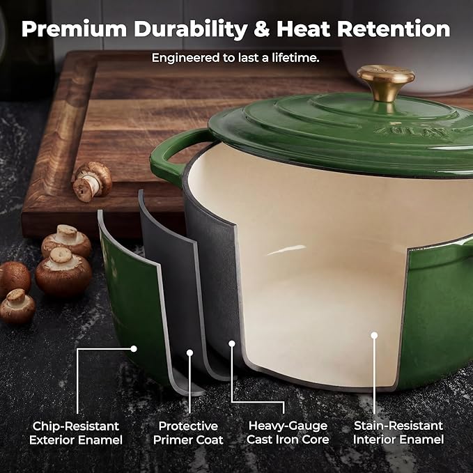 Zulay Kitchen 5 Quart Enameled Cast Iron Dutch Oven Pot with Lid – Premium Durability & Oven Safe up to 500°F – Heavy Duty Cookware Perfect for Bread Baking, Stews, Braising & Roasting – Green