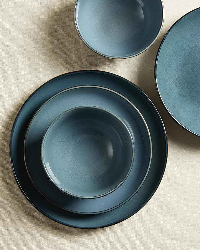 24 Piece Double Bowl Dinnerware Sets with Pasta Bowls, Highly Chip and Crack Resistant Plates and Bowls Sets, Natural Earthyware Ceramic Dishware Sets, Service for 6 Jeans Blue