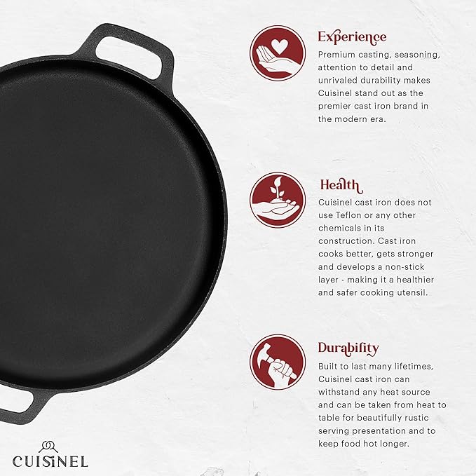 Cuisinel Cast Iron Pizza Pan 13.5-Inch – Pre-Seasoned Round Baking Stone for Oven, Grill & Stovetop – Heavy-Duty Skillet Alternative for Crispy Crust Pizza, Flatbreads & Roasting