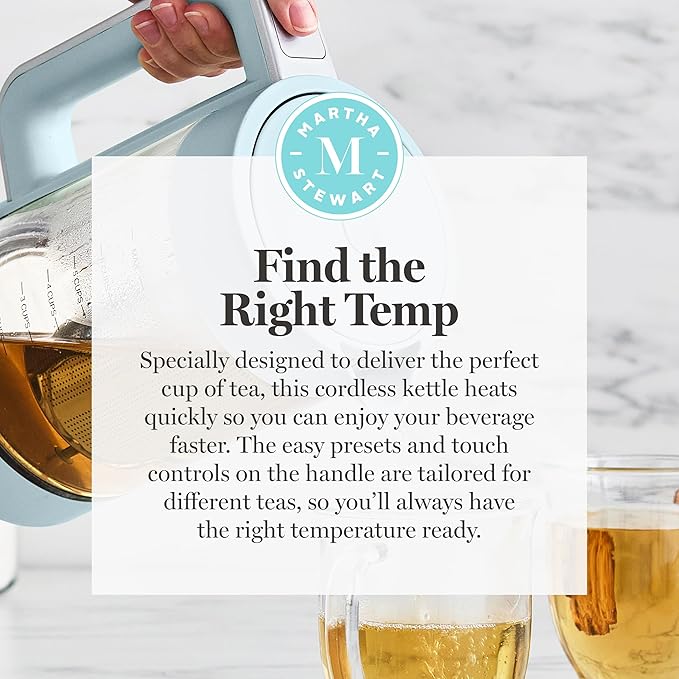 Martha Stewart Electric Kettle with Removable Stainless Steel Tea Infuser, Glass Carafe 1.7L (7 Cups), Hot Water Boiler, 4 Presets, Keep Warm & Auto Shut-Off, Cordless 360° Swivel Base, Sky Blue