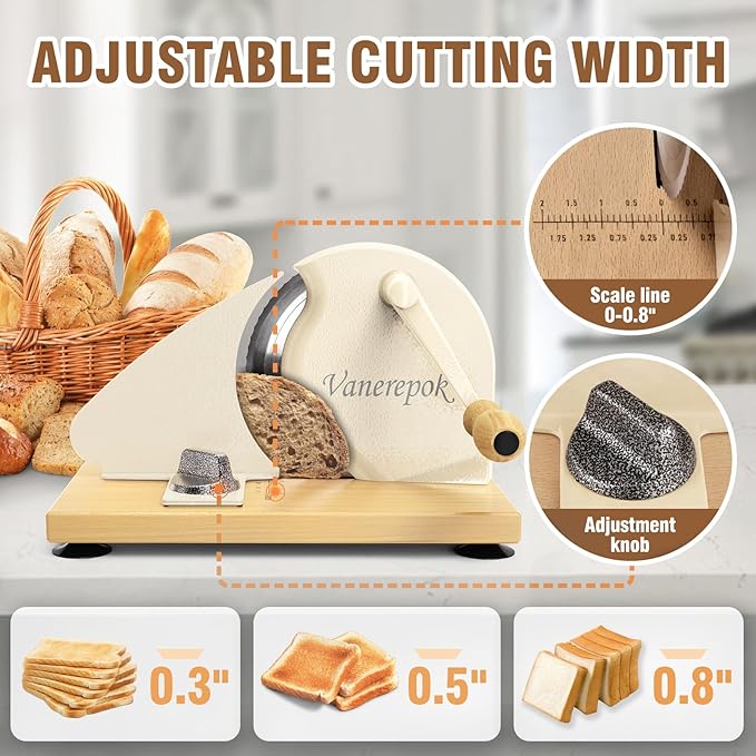 vanerepok Manual Bread Slicer for Homemade Sourdough Bread Versatile Hand Crank Bread Slicer for Sourdough Crusty Bread Etc Stainless Steel Slicers Adjustable Width for Homemade & Commercial Use