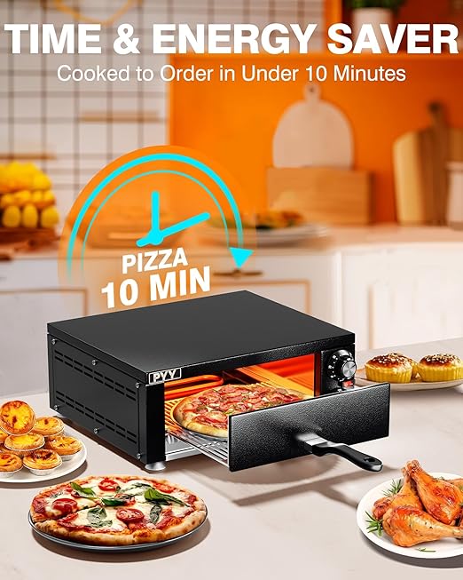 PYY Electric Pizza Oven Indoor Countertop Pizza Oven Commercial Pizza Maker Machine for Home with Timer Stainless Steel Pizza Cooker,Dark Black