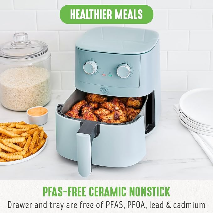 GreenLife 4.5QT Air Fryer, Mechanical Dial Controls, PFAS-Free Ceramic Nonstick Drawer, Adjustable Temp & Timer, LED Indicator, Oil-Less Cooking, Dishwasher Safe, Compact Family Size, Blue
