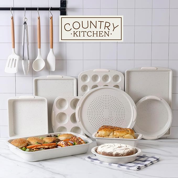 Country Kitchen Nonstick Stackable Bakeware Set - Durable, Easy Release Baking Set, Cream, 14 Pcs