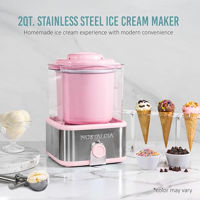 Nostalgia Electric Ice Cream Maker with 2-Qt Double Insulated Gel Canister & Stainless Steel Base - Makes Sorbet, Soft Serve, and Frozen Yogurt - Pink