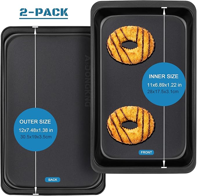 Baking Sheet Pans, Cookie Tray, Nonstick Heavy Carbon Steel Bakeware, 2-Pack, 12 X 7.5 Inches (Inner 11 X 6.9)