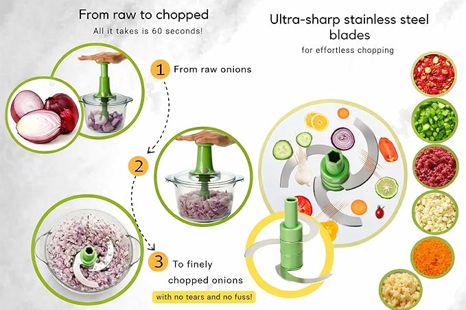 Brieftons Express Manual Food Chopper: Large 8.5-Cup, Hand Chopper Vegetable Cutter to Chop Veggies, Fruits, Herbs, Garlic Onion Chopper for Salsa, Salad, Pesto, Guacamole, Coleslaw, Indian Cooking