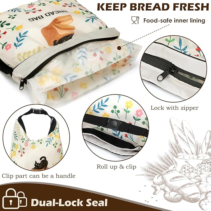 2 Pack Reusable Bread Bags for Homemade Bread, 17"×13" Sourdough Bread Storage Bags with Bowl Cover - Keep Loaf Fresh and Easy to Wash(Black Cat)