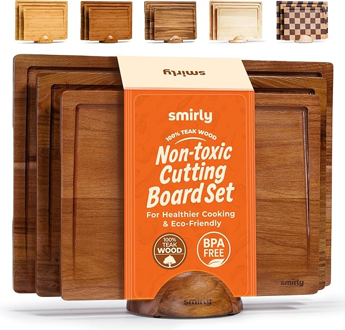 SMIRLY Wood Cutting Boards for Kitchen Wooden Chopping Board Set Reversible with Deep Juice Grooves Grip Handles, Large Charcuterie Tray, Ideal for Chopping Meat Vegetables Teak Wood, 3Pcs with Holder