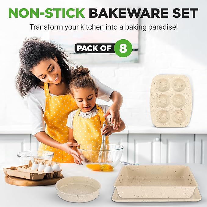 NutriChef 8-Piece Stackable Bakeware Set | Carbon Steel Non-Stick Baking Pan Set | Includes Sheet, Muffin, Round, Loaf, Square Cake & Deep Pans | No PFOA & PFOS | Oven Safe to 450 F | Marble Cream