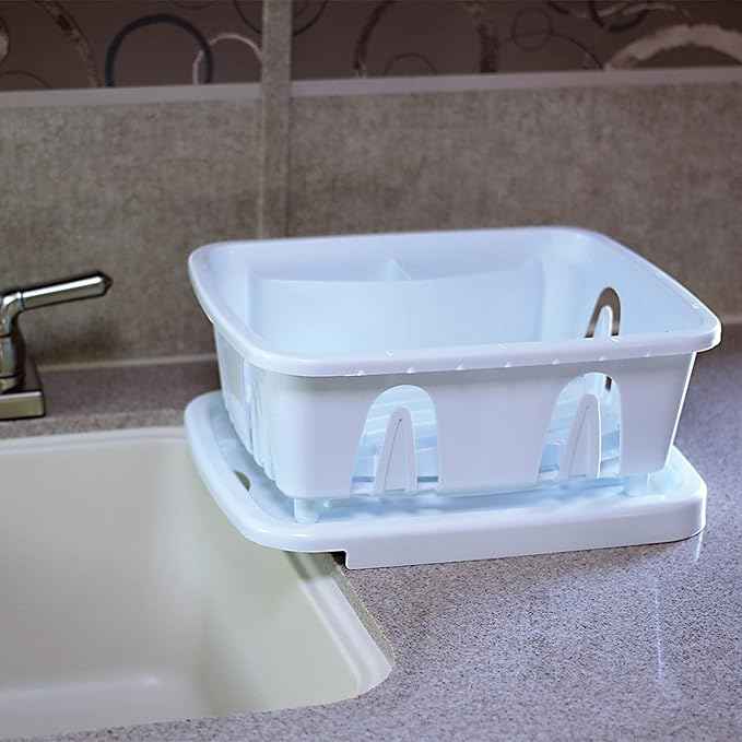 Camco RV Mini Dish Drainer & Tray - Features a Sloped Drain Tray Design, Heavy-Duty Construction - Ideal for Small Spaces, Apartments, Boats, and More -9.5" L x 11.7" W x 4.75" H - White (43511)